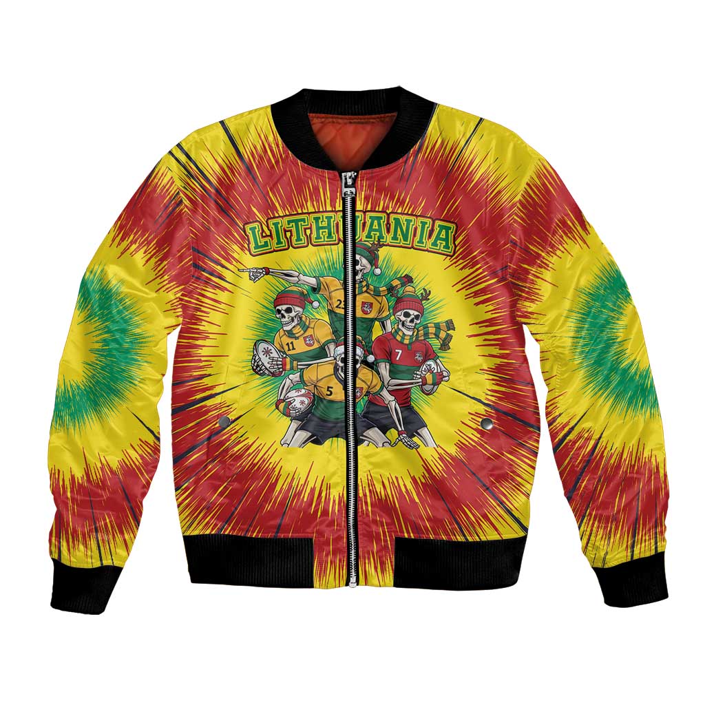 Personalized Lithuania Christmas Bomber Jacket Skeleton Rugby Tie Dye Vintage - Wonder Print Shop