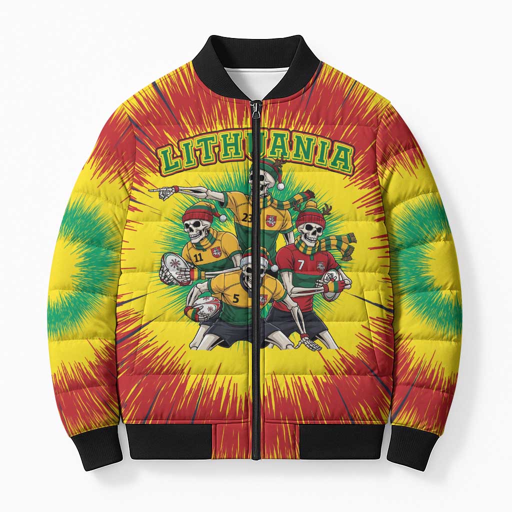 Personalized Lithuania Christmas Bomber Puffer Jacket Skeleton Rugby Tie Dye Vintage - Wonder Print Shop