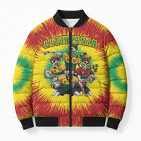 Personalized Lithuania Christmas Bomber Puffer Jacket Skeleton Rugby Tie Dye Vintage - Wonder Print Shop