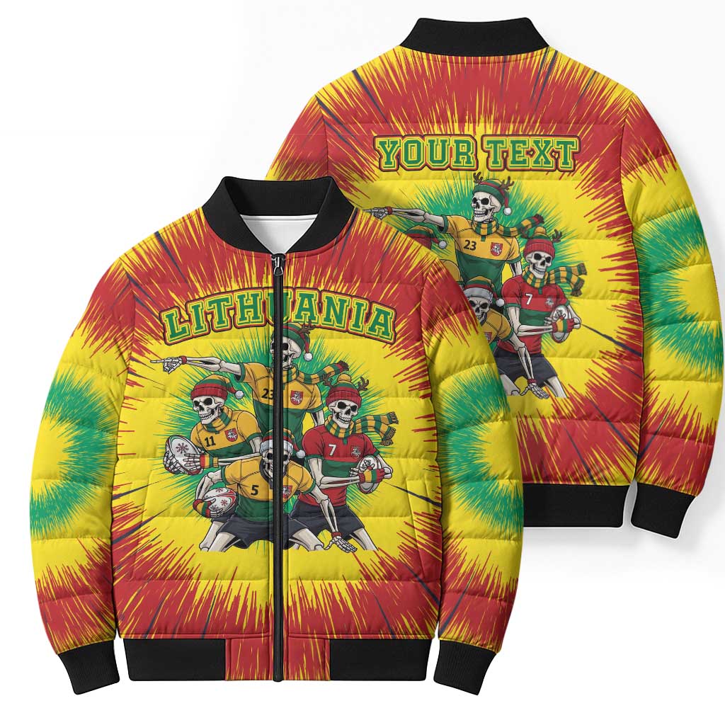 Personalized Lithuania Christmas Bomber Puffer Jacket Skeleton Rugby Tie Dye Vintage - Wonder Print Shop