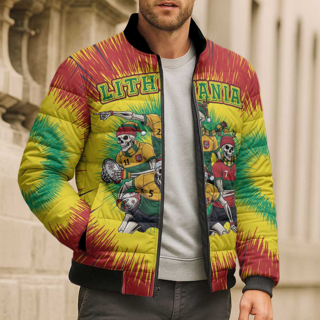 Personalized Lithuania Christmas Bomber Puffer Jacket Skeleton Rugby Tie Dye Vintage - Wonder Print Shop