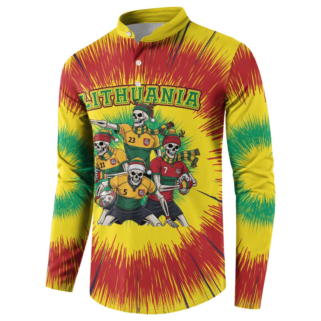 Personalized Lithuania Christmas Button Sweatshirt Skeleton Rugby Tie Dye Vintage - Wonder Print Shop