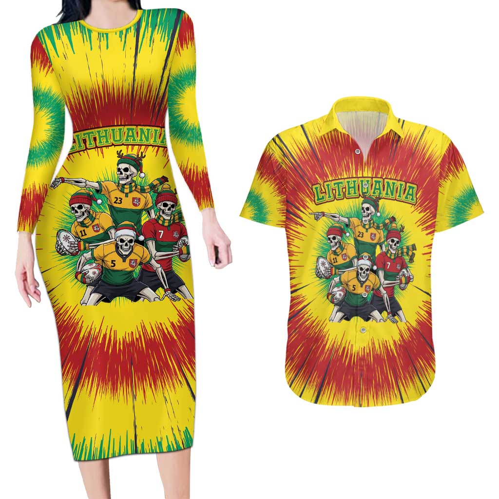 Personalized Lithuania Christmas Couples Matching Long Sleeve Bodycon Dress and Hawaiian Shirt Skeleton Rugby Tie Dye Vintage - Wonder Print Shop
