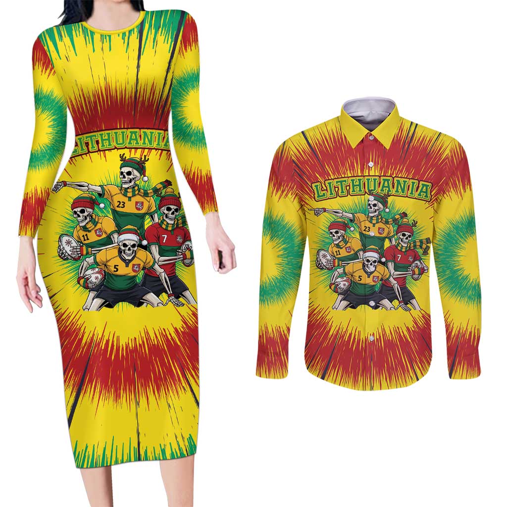 Personalized Lithuania Christmas Couples Matching Long Sleeve Bodycon Dress and Long Sleeve Button Shirt Skeleton Rugby Tie Dye Vintage - Wonder Print Shop