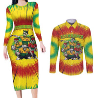 Personalized Lithuania Christmas Couples Matching Long Sleeve Bodycon Dress and Long Sleeve Button Shirt Skeleton Rugby Tie Dye Vintage - Wonder Print Shop