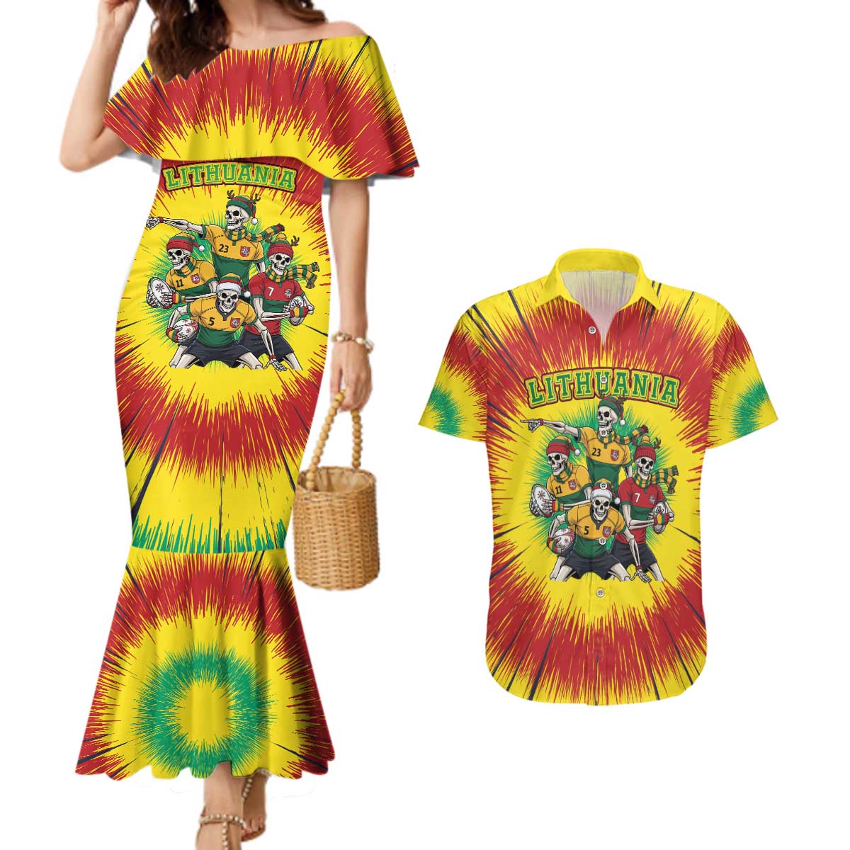Personalized Lithuania Christmas Couples Matching Mermaid Dress and Hawaiian Shirt Skeleton Rugby Tie Dye Vintage - Wonder Print Shop