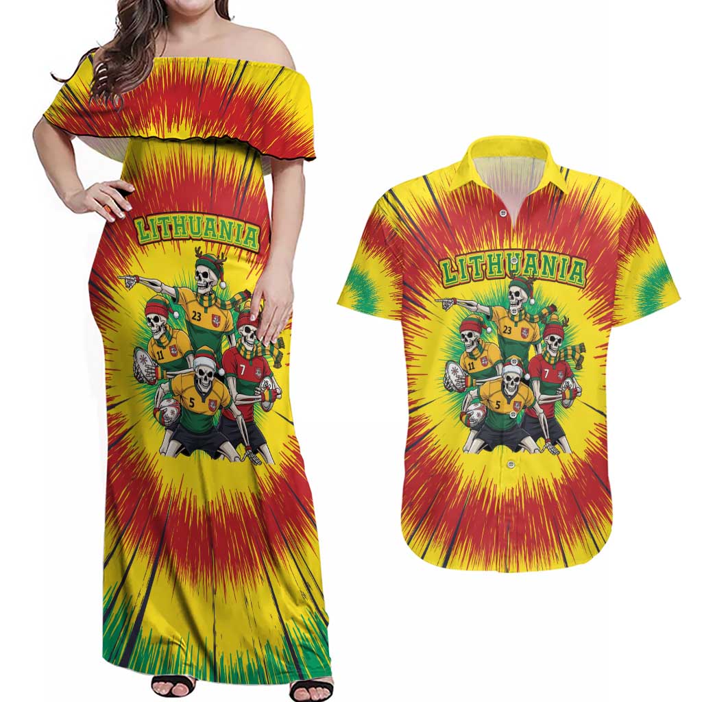 Personalized Lithuania Christmas Couples Matching Off Shoulder Maxi Dress and Hawaiian Shirt Skeleton Rugby Tie Dye Vintage - Wonder Print Shop