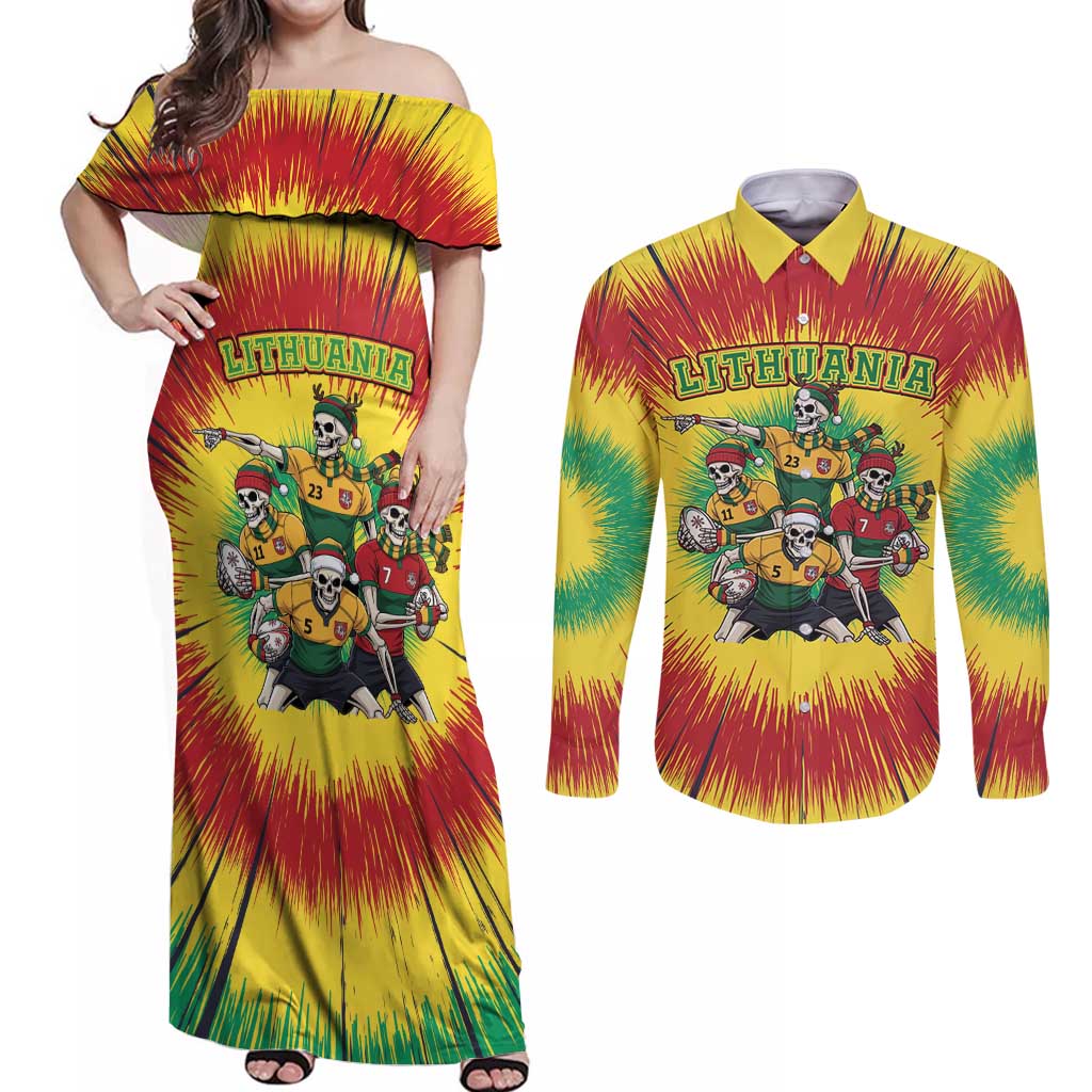 Personalized Lithuania Christmas Couples Matching Off Shoulder Maxi Dress and Long Sleeve Button Shirt Skeleton Rugby Tie Dye Vintage - Wonder Print Shop