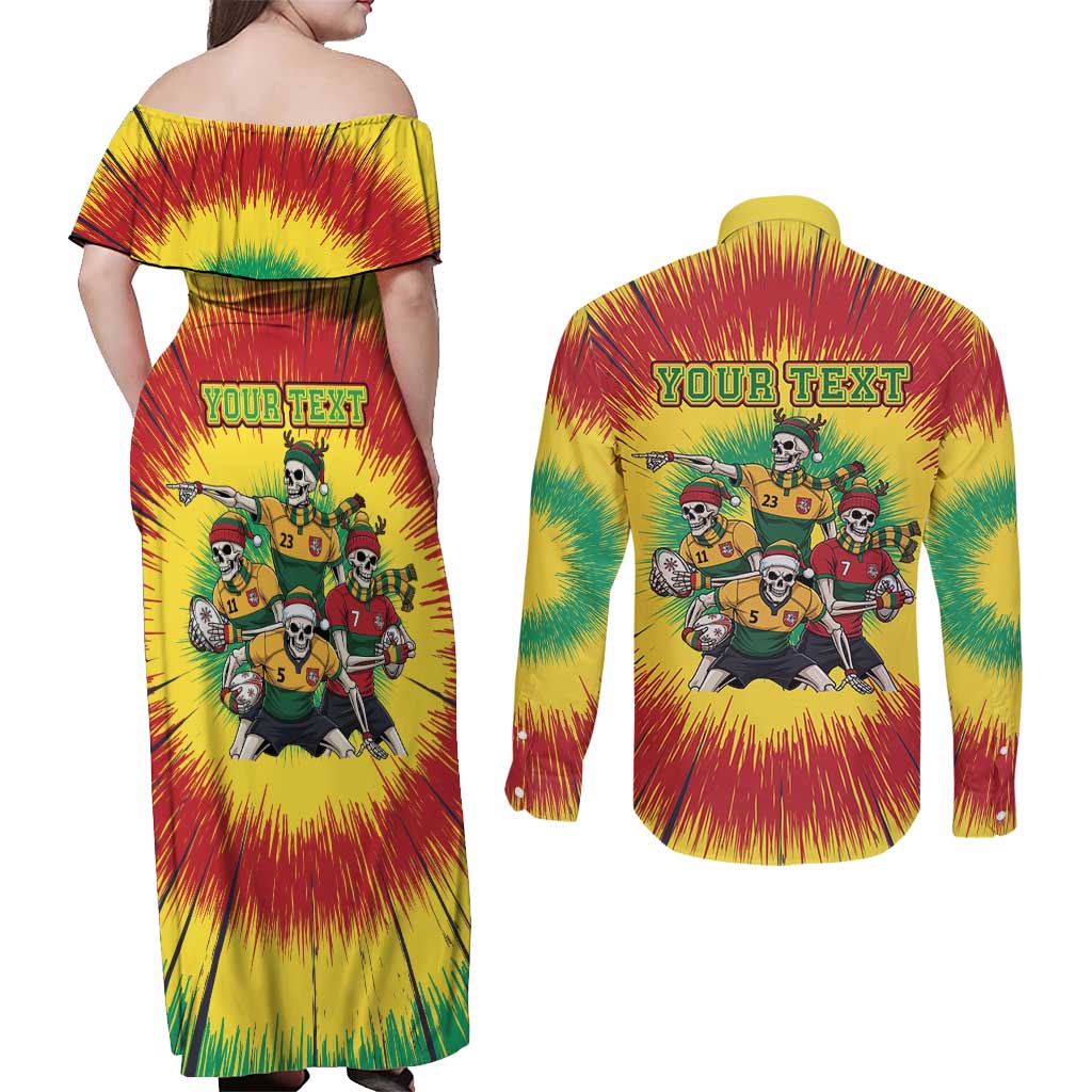 Personalized Lithuania Christmas Couples Matching Off Shoulder Maxi Dress and Long Sleeve Button Shirt Skeleton Rugby Tie Dye Vintage - Wonder Print Shop