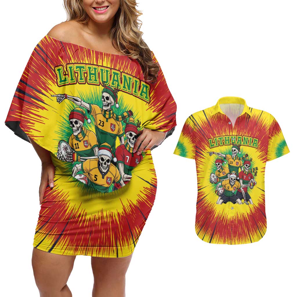 Personalized Lithuania Christmas Couples Matching Off Shoulder Short Dress and Hawaiian Shirt Skeleton Rugby Tie Dye Vintage - Wonder Print Shop