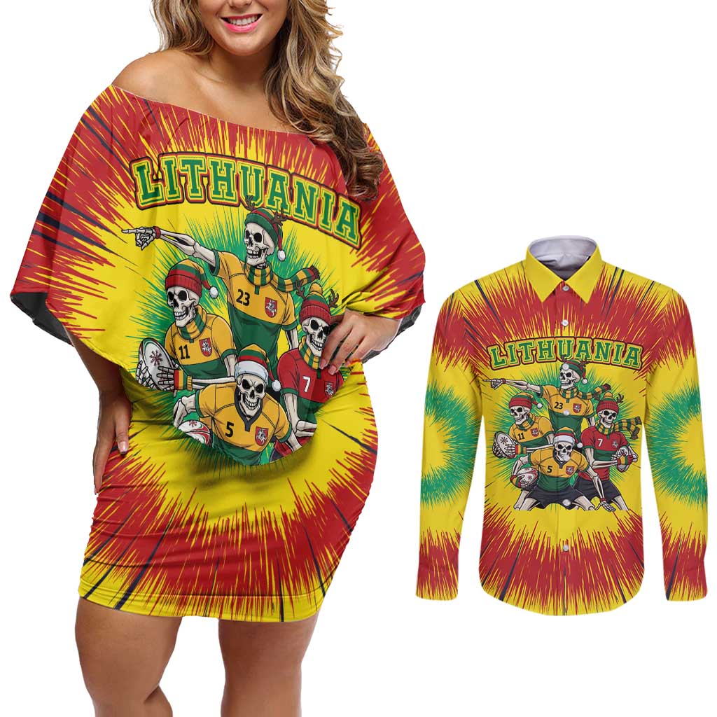 Personalized Lithuania Christmas Couples Matching Off Shoulder Short Dress and Long Sleeve Button Shirt Skeleton Rugby Tie Dye Vintage - Wonder Print Shop