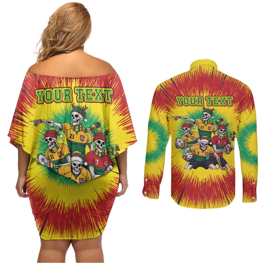 Personalized Lithuania Christmas Couples Matching Off Shoulder Short Dress and Long Sleeve Button Shirt Skeleton Rugby Tie Dye Vintage - Wonder Print Shop