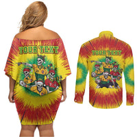Personalized Lithuania Christmas Couples Matching Off Shoulder Short Dress and Long Sleeve Button Shirt Skeleton Rugby Tie Dye Vintage - Wonder Print Shop
