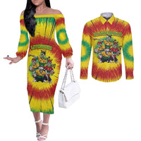 Personalized Lithuania Christmas Couples Matching Off The Shoulder Long Sleeve Dress and Long Sleeve Button Shirt Skeleton Rugby Tie Dye Vintage - Wonder Print Shop