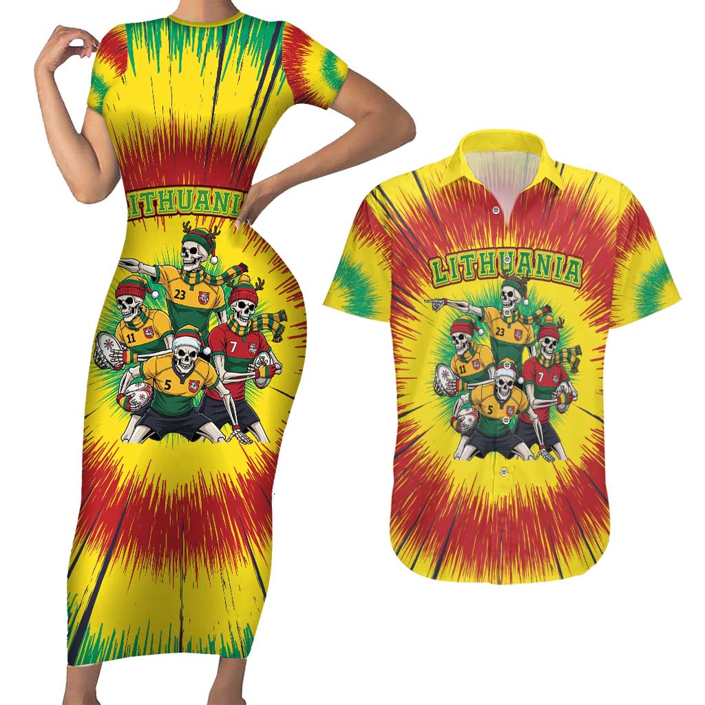 Personalized Lithuania Christmas Couples Matching Short Sleeve Bodycon Dress and Hawaiian Shirt Skeleton Rugby Tie Dye Vintage - Wonder Print Shop