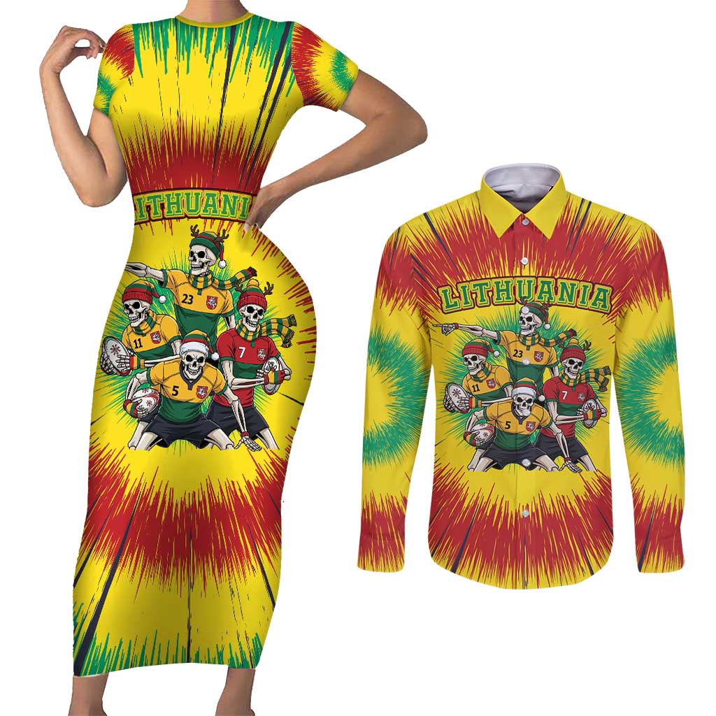 Personalized Lithuania Christmas Couples Matching Short Sleeve Bodycon Dress and Long Sleeve Button Shirt Skeleton Rugby Tie Dye Vintage - Wonder Print Shop