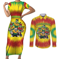 Personalized Lithuania Christmas Couples Matching Short Sleeve Bodycon Dress and Long Sleeve Button Shirt Skeleton Rugby Tie Dye Vintage - Wonder Print Shop