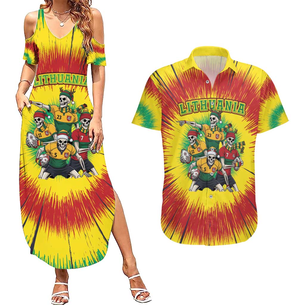 Personalized Lithuania Christmas Couples Matching Summer Maxi Dress and Hawaiian Shirt Skeleton Rugby Tie Dye Vintage - Wonder Print Shop
