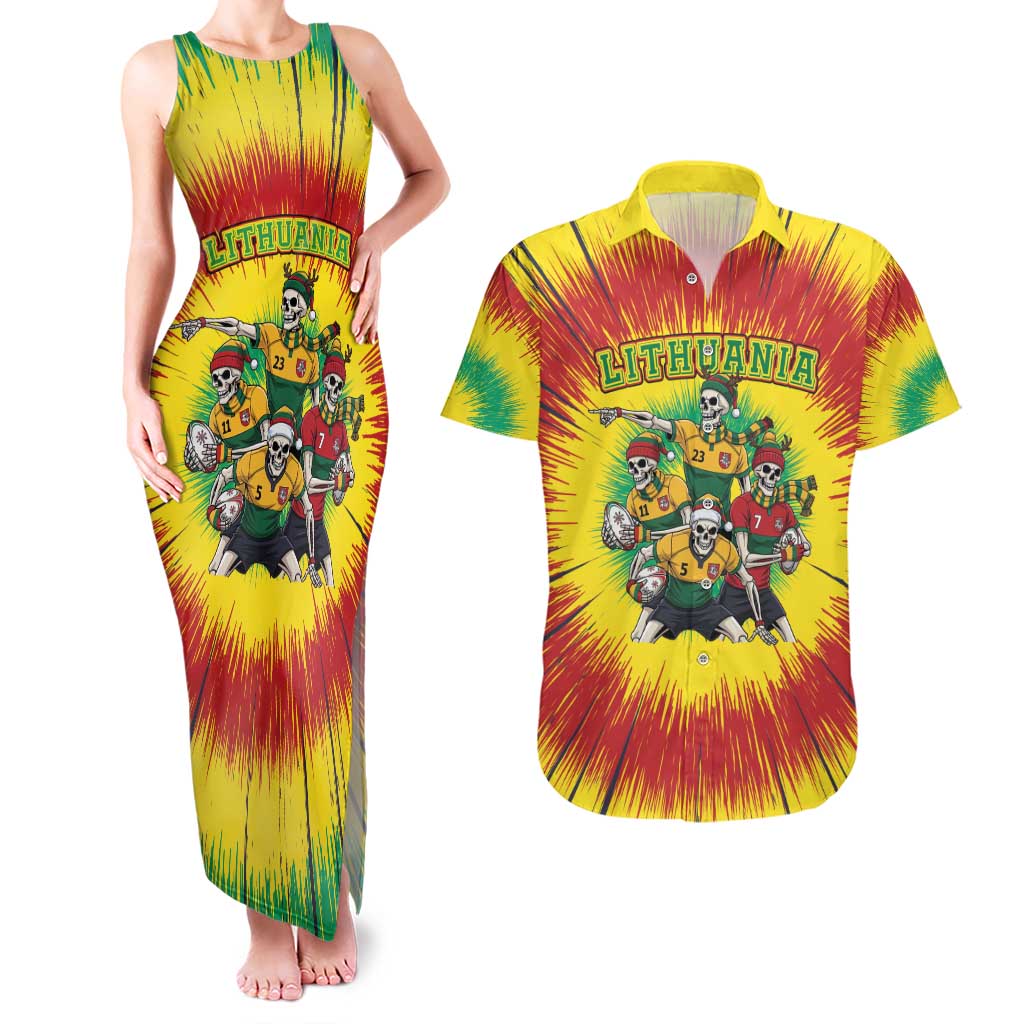 Personalized Lithuania Christmas Couples Matching Tank Maxi Dress and Hawaiian Shirt Skeleton Rugby Tie Dye Vintage - Wonder Print Shop