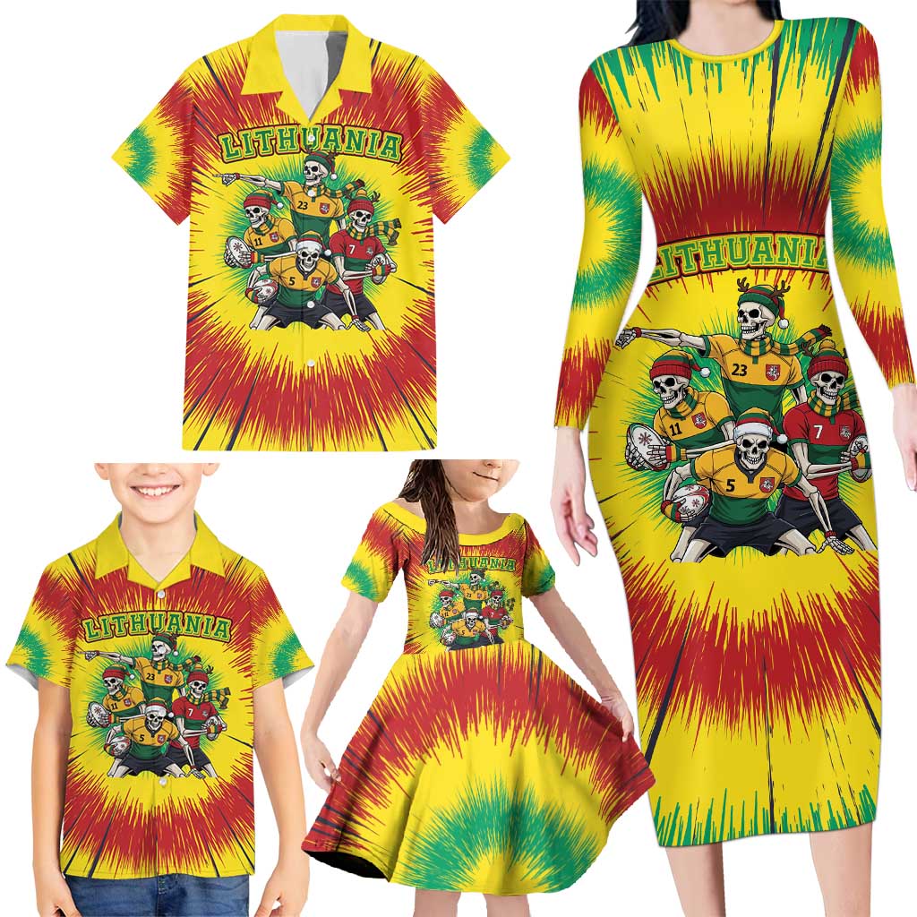 Personalized Lithuania Christmas Family Matching Long Sleeve Bodycon Dress and Hawaiian Shirt Skeleton Rugby Tie Dye Vintage - Wonder Print Shop