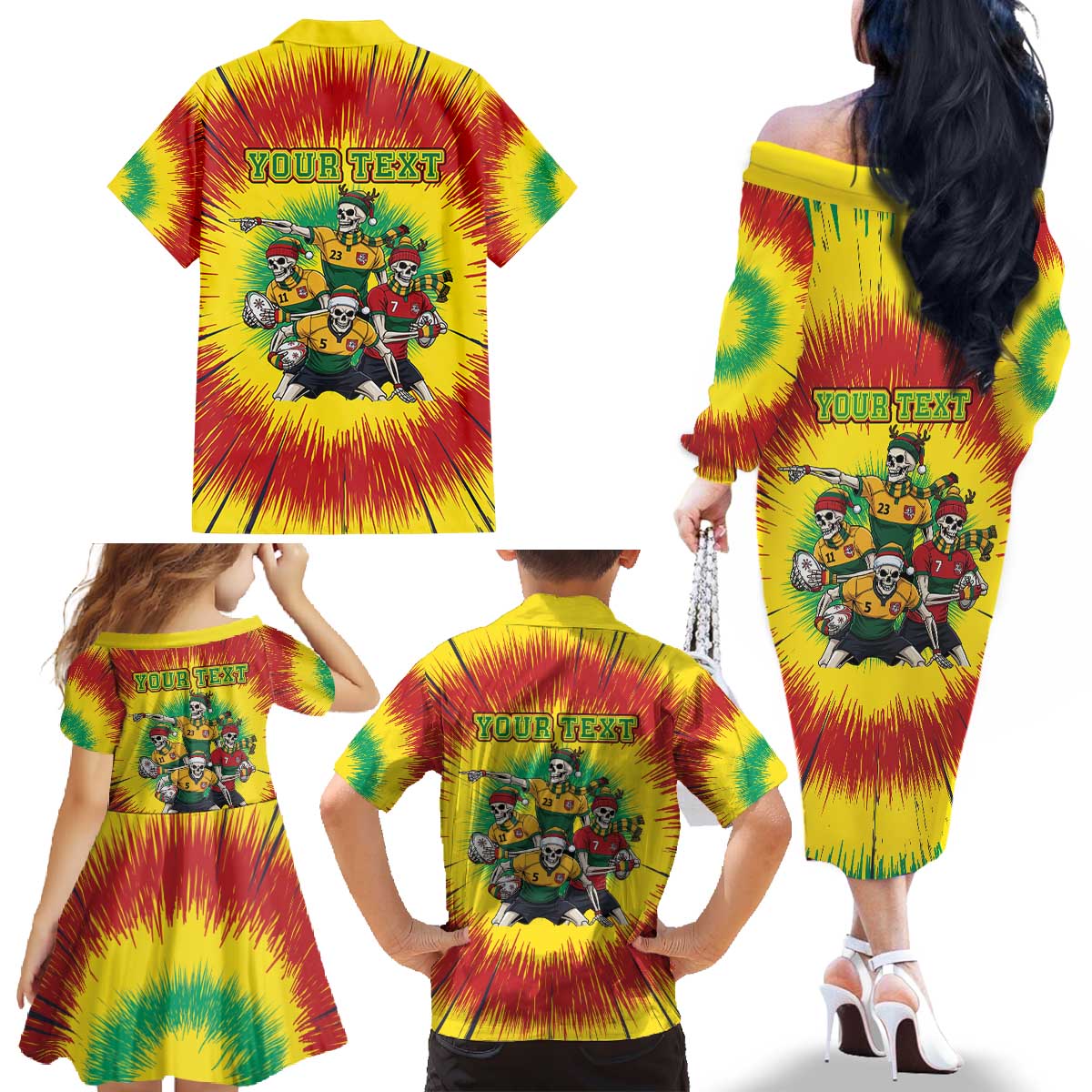 Personalized Lithuania Christmas Family Matching Off The Shoulder Long Sleeve Dress and Hawaiian Shirt Skeleton Rugby Tie Dye Vintage - Wonder Print Shop