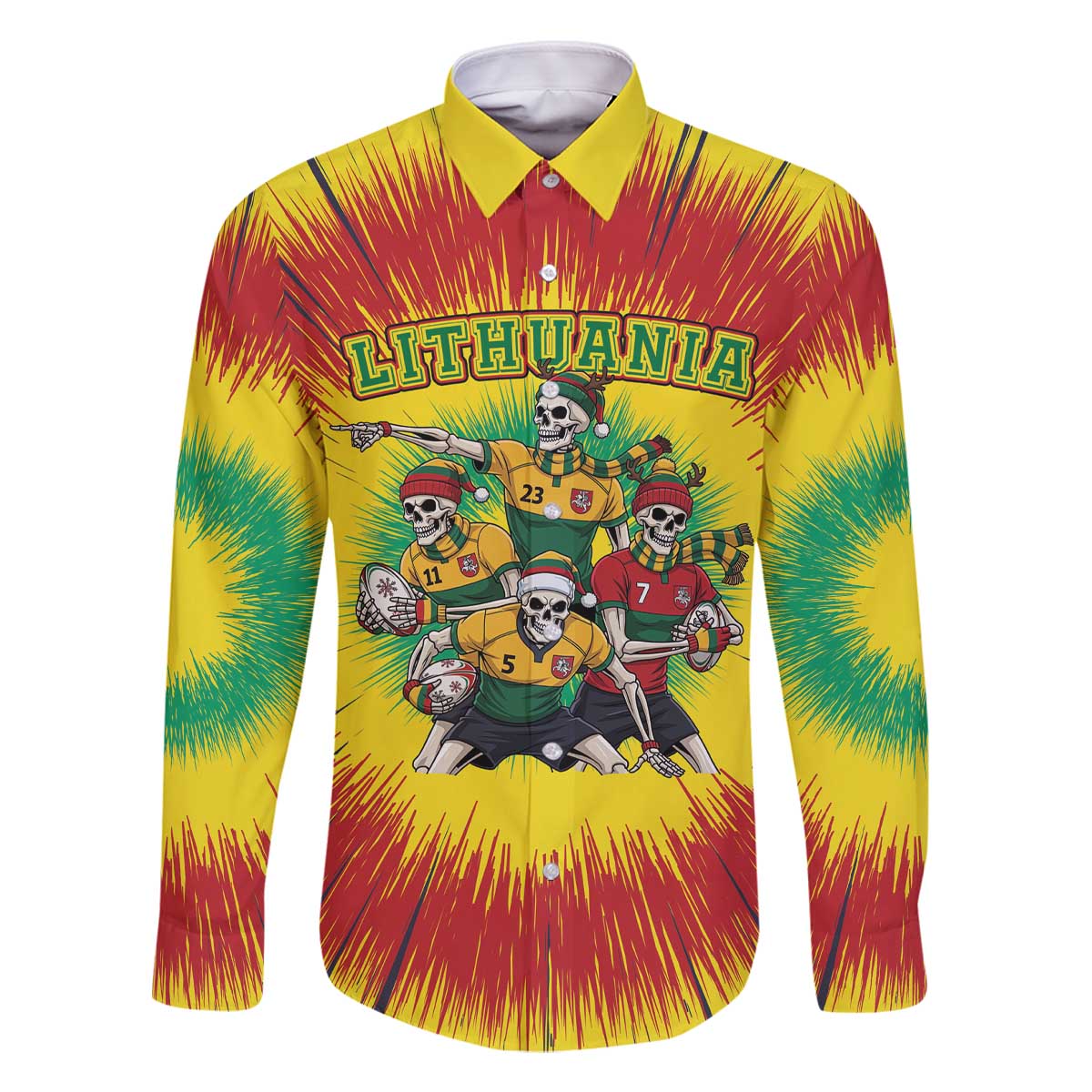 Personalized Lithuania Christmas Family Matching Off The Shoulder Long Sleeve Dress and Hawaiian Shirt Skeleton Rugby Tie Dye Vintage - Wonder Print Shop