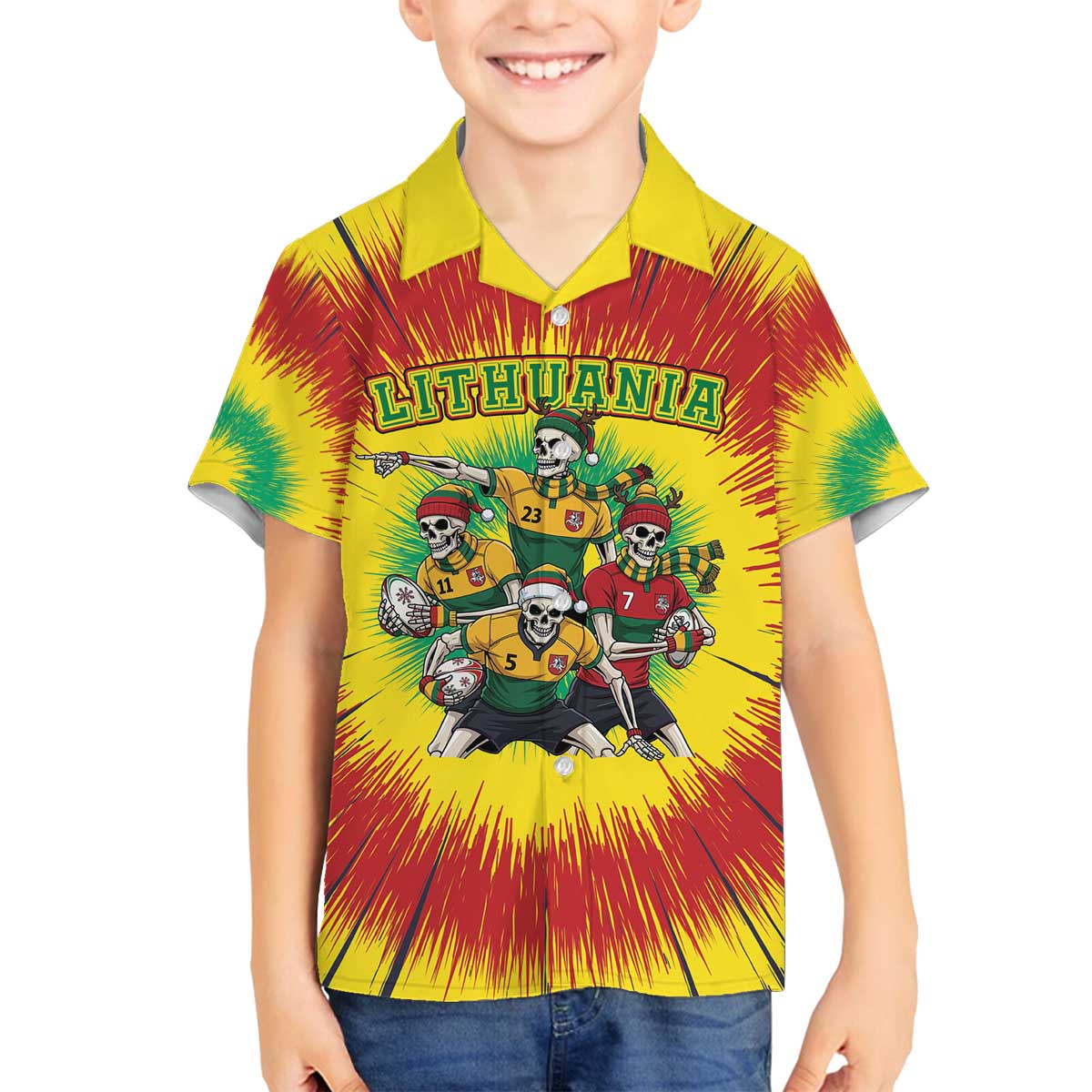 Personalized Lithuania Christmas Family Matching Off The Shoulder Long Sleeve Dress and Hawaiian Shirt Skeleton Rugby Tie Dye Vintage - Wonder Print Shop