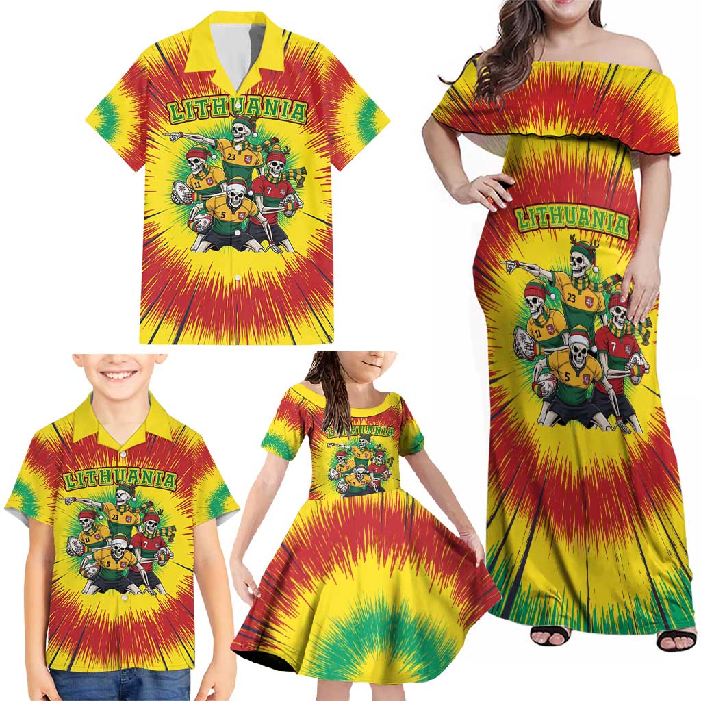 Personalized Lithuania Christmas Family Matching Off Shoulder Maxi Dress and Hawaiian Shirt Skeleton Rugby Tie Dye Vintage - Wonder Print Shop