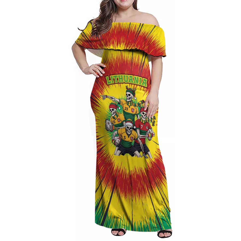 Personalized Lithuania Christmas Family Matching Off Shoulder Maxi Dress and Hawaiian Shirt Skeleton Rugby Tie Dye Vintage - Wonder Print Shop