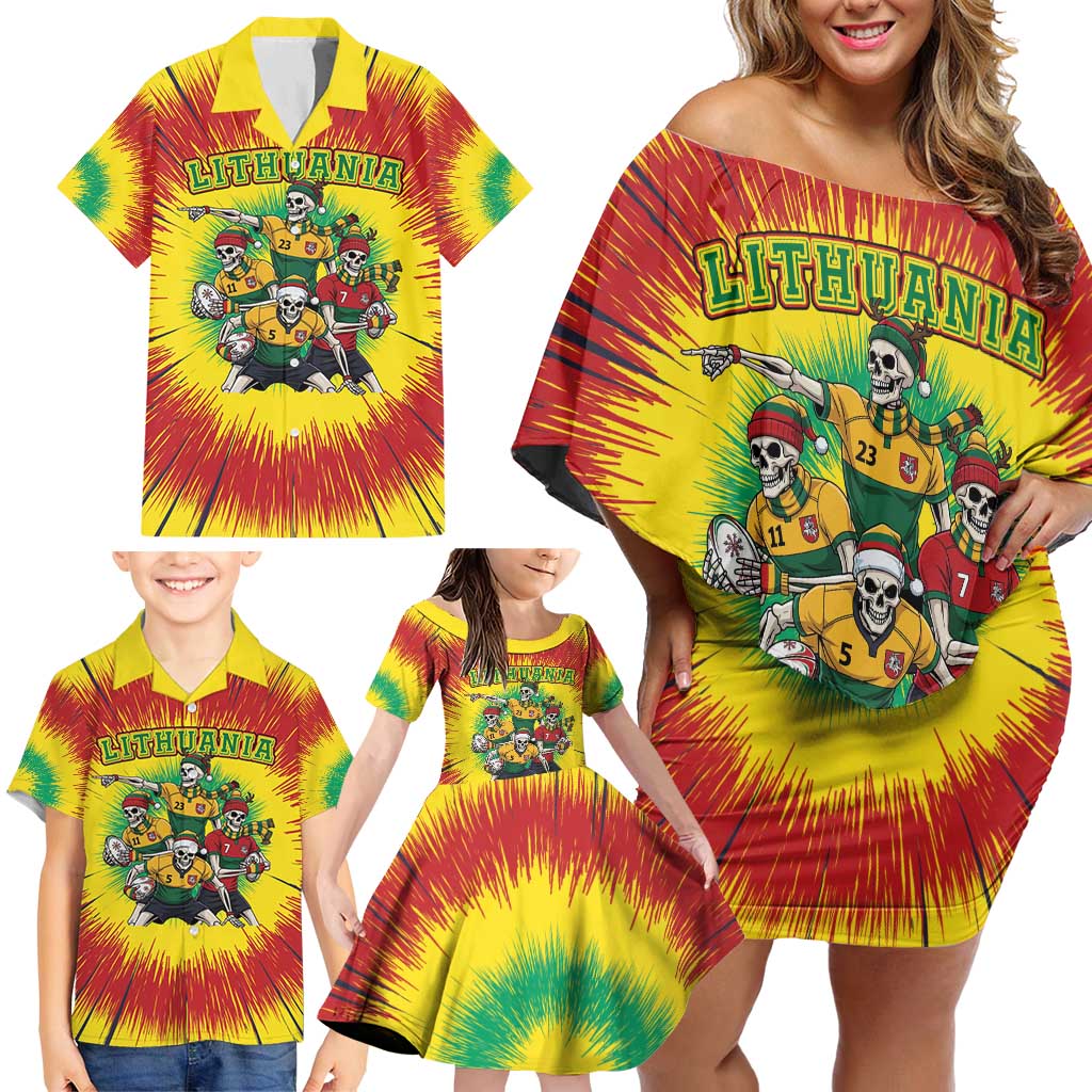 Personalized Lithuania Christmas Family Matching Off Shoulder Short Dress and Hawaiian Shirt Skeleton Rugby Tie Dye Vintage - Wonder Print Shop