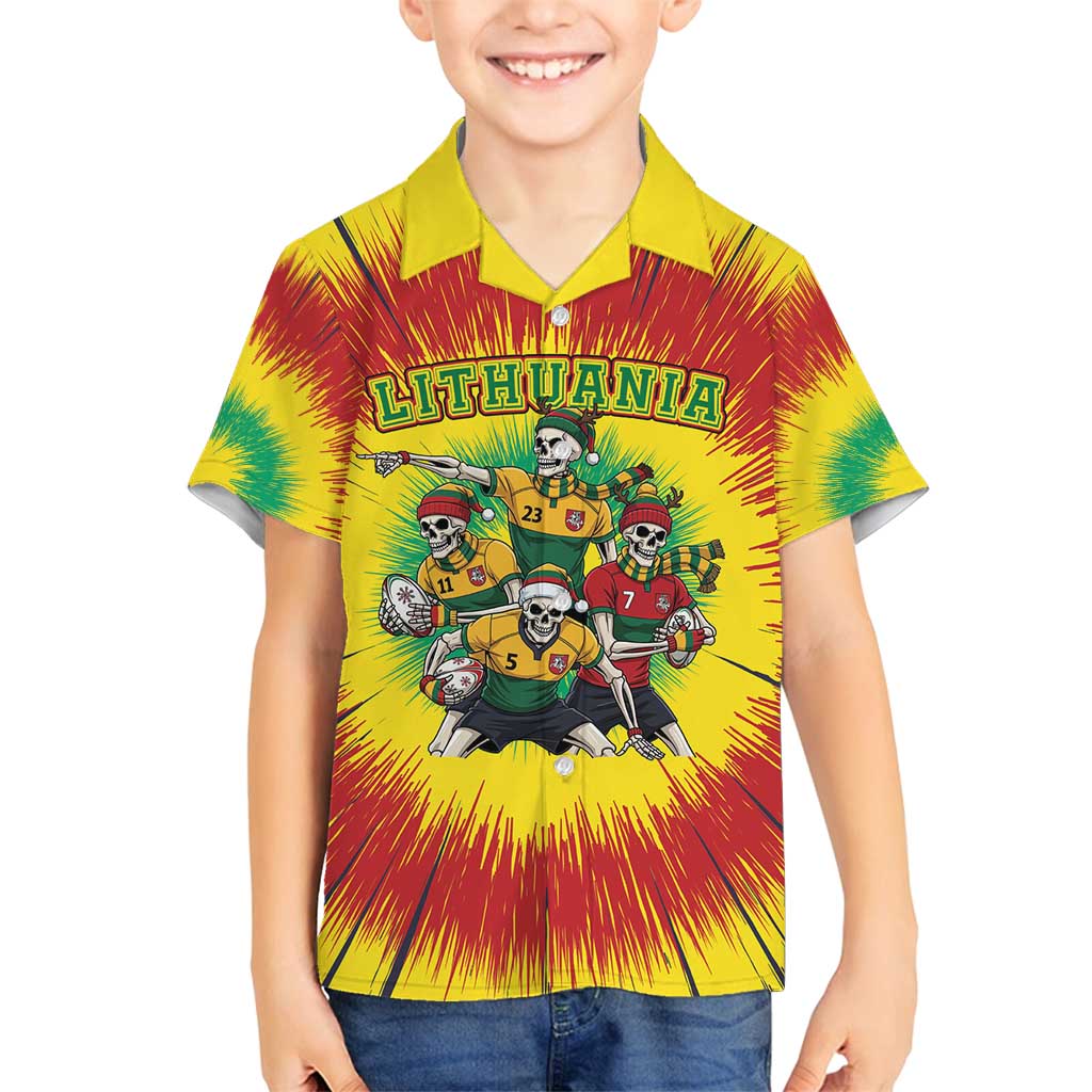 Personalized Lithuania Christmas Family Matching Off Shoulder Short Dress and Hawaiian Shirt Skeleton Rugby Tie Dye Vintage - Wonder Print Shop