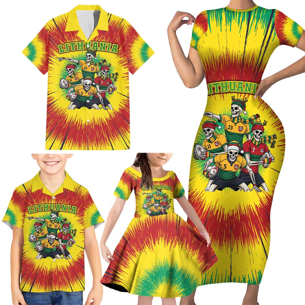 Personalized Lithuania Christmas Family Matching Short Sleeve Bodycon Dress and Hawaiian Shirt Skeleton Rugby Tie Dye Vintage - Wonder Print Shop