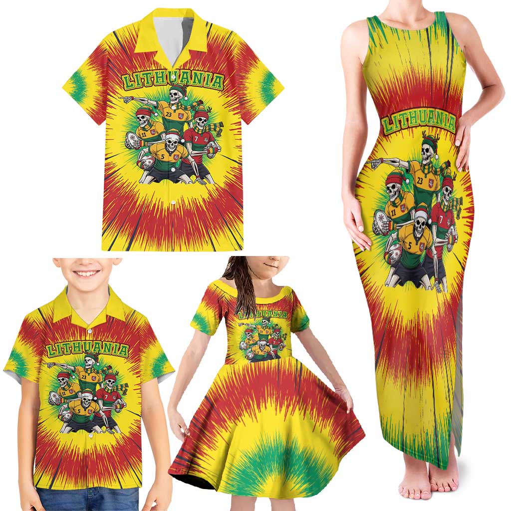 Personalized Lithuania Christmas Family Matching Tank Maxi Dress and Hawaiian Shirt Skeleton Rugby Tie Dye Vintage - Wonder Print Shop