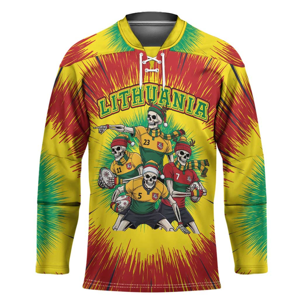 Personalized Lithuania Christmas Hockey Jersey Skeleton Rugby Tie Dye Vintage - Wonder Print Shop