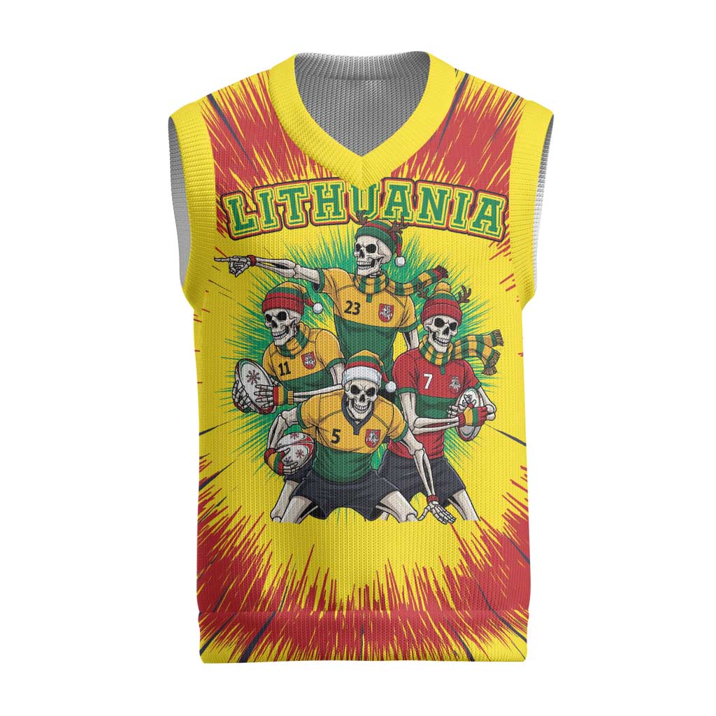 Personalized Lithuania Christmas Knitted V-Neck Vest Skeleton Rugby Tie Dye Vintage - Wonder Print Shop
