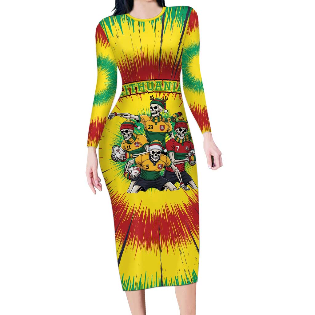 Personalized Lithuania Christmas Long Sleeve Bodycon Dress Skeleton Rugby Tie Dye Vintage - Wonder Print Shop
