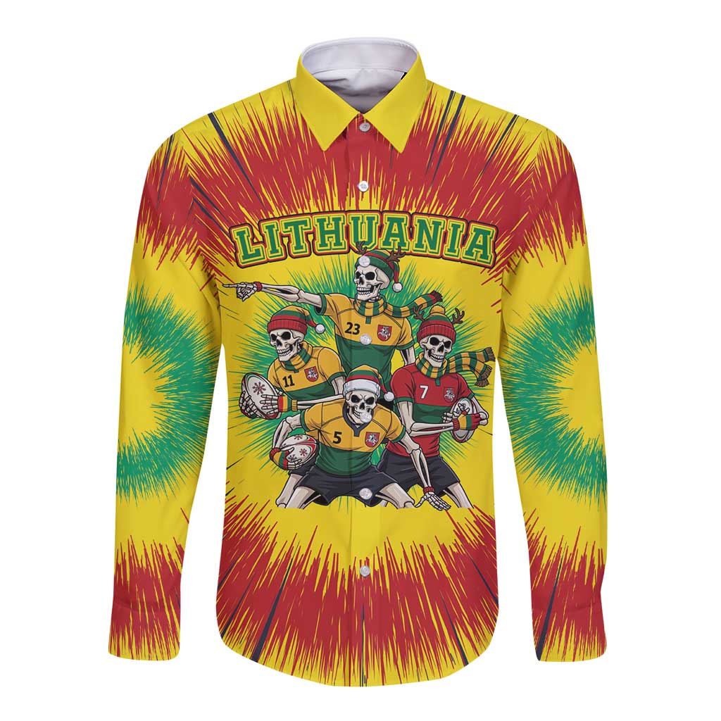 Personalized Lithuania Christmas Long Sleeve Button Shirt Skeleton Rugby Tie Dye Vintage - Wonder Print Shop