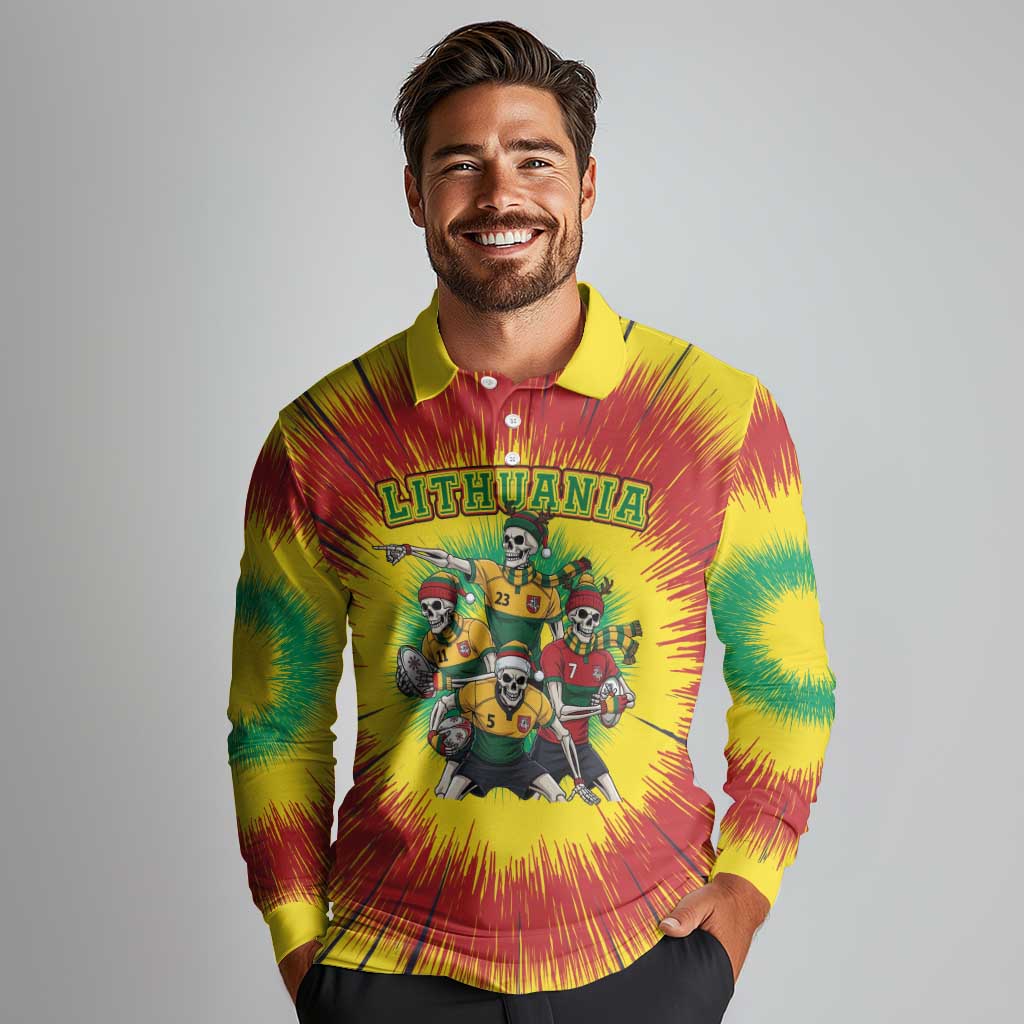 Personalized Lithuania Christmas Long Sleeve Polo Shirt Skeleton Rugby Tie Dye Vintage - Wonder Print Shop