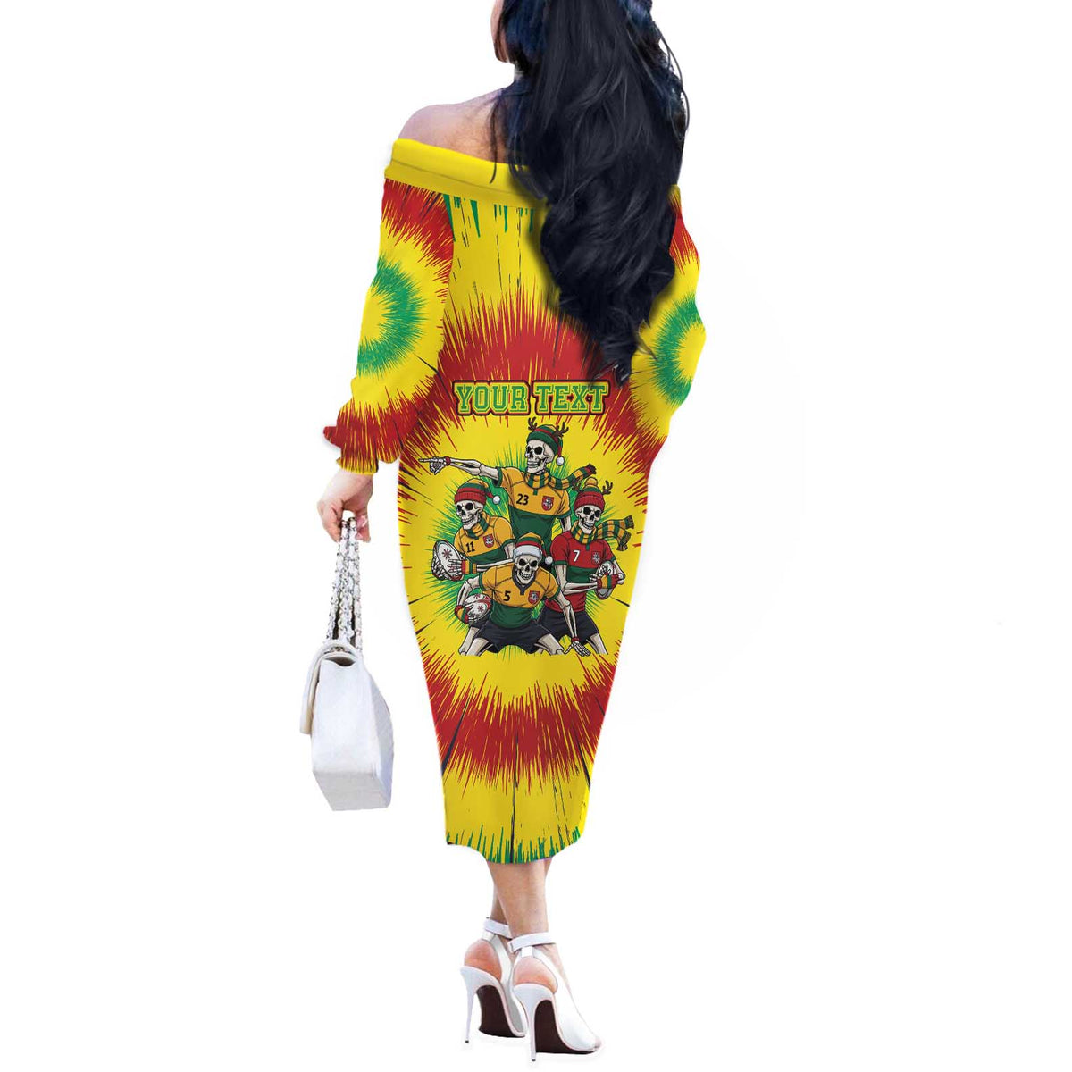 Personalized Lithuania Christmas Off The Shoulder Long Sleeve Dress Skeleton Rugby Tie Dye Vintage - Wonder Print Shop