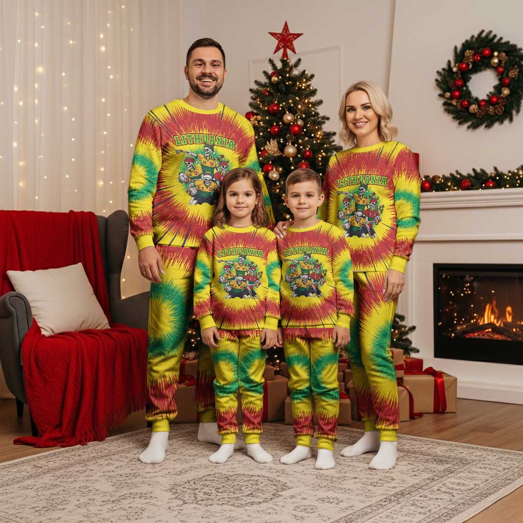 Personalized Lithuania Christmas Pajama Set Skeleton Rugby Tie Dye Vintage - Wonder Print Shop