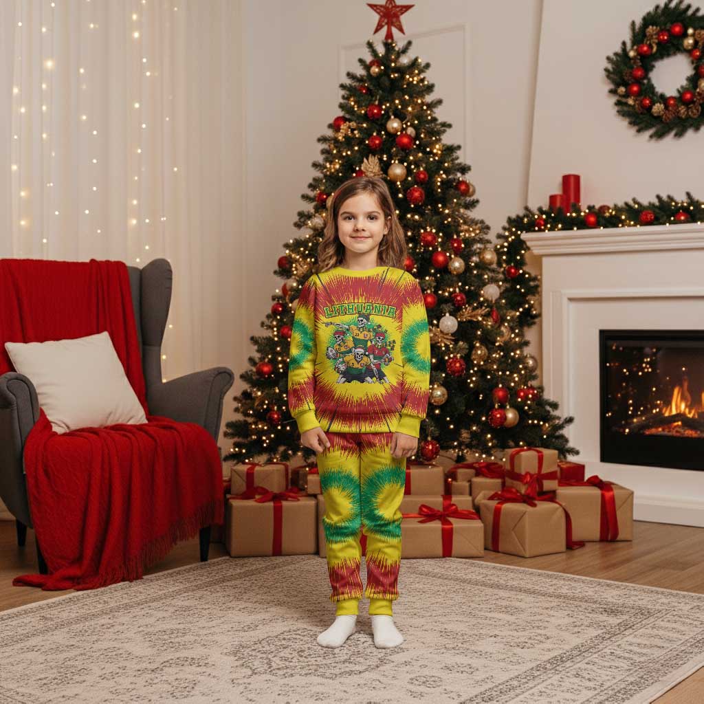 Personalized Lithuania Christmas Pajama Set Skeleton Rugby Tie Dye Vintage - Wonder Print Shop