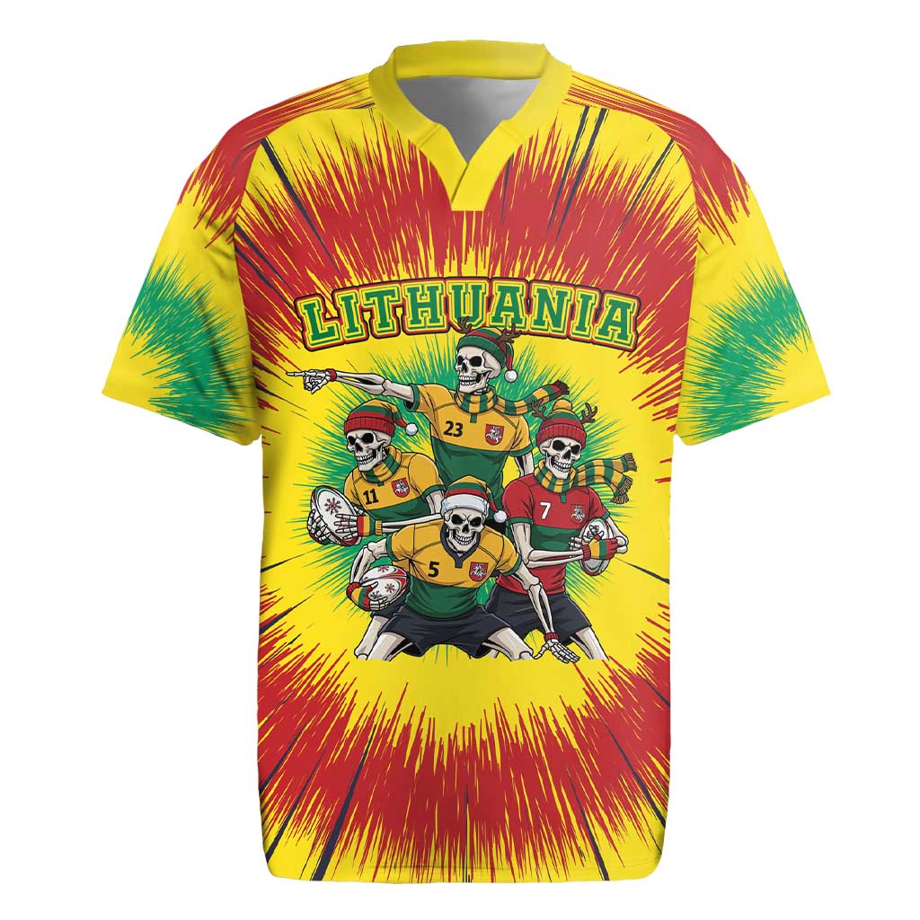Personalized Lithuania Christmas Rugby Jersey Skeleton Rugby Tie Dye Vintage - Wonder Print Shop
