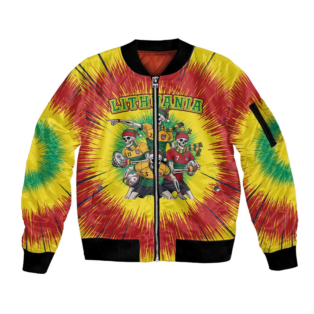 Personalized Lithuania Christmas Sleeve Zip Bomber Jacket Skeleton Rugby Tie Dye Vintage - Wonder Print Shop