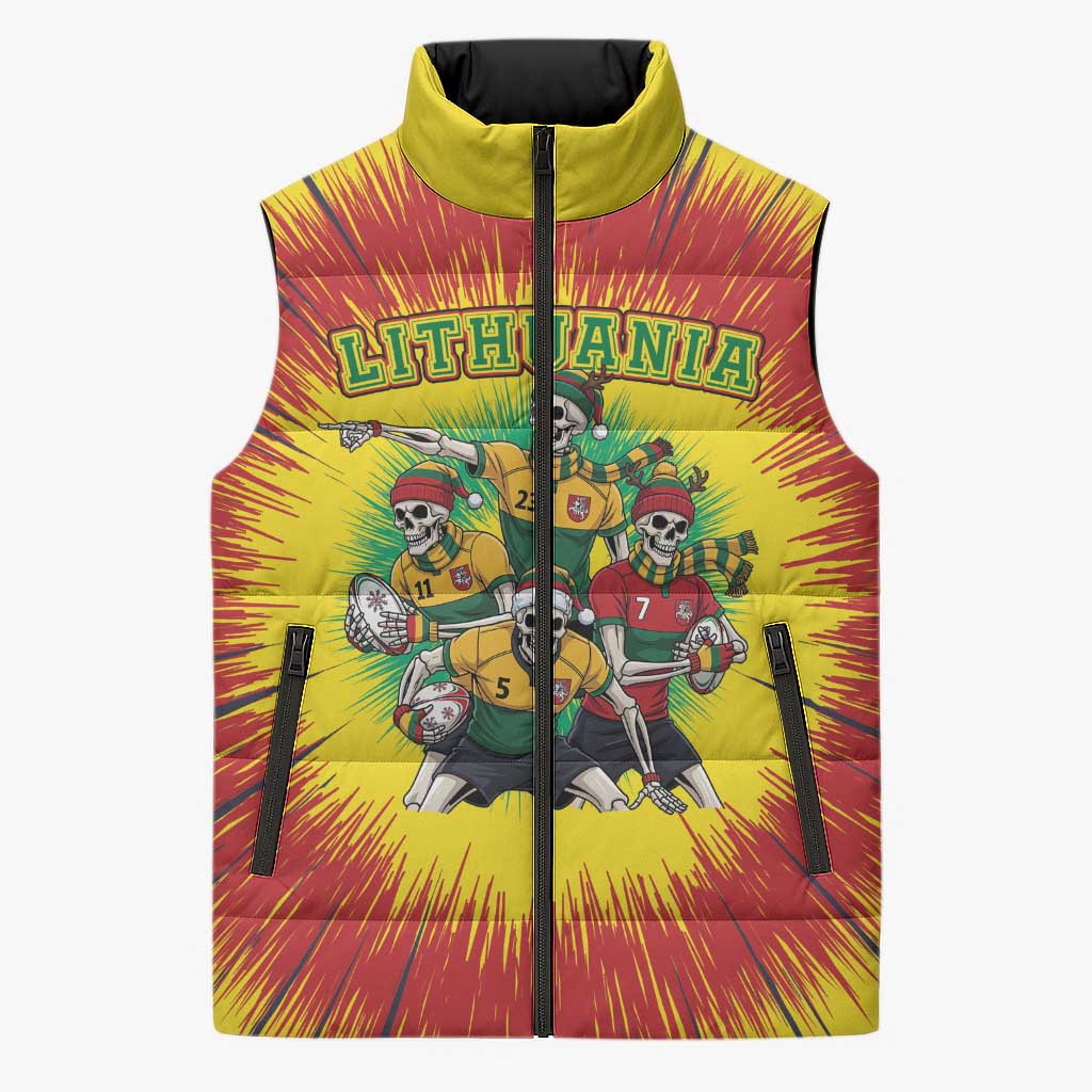 Personalized Lithuania Christmas Sleeveless Puffer Jacket Skeleton Rugby Tie Dye Vintage - Wonder Print Shop