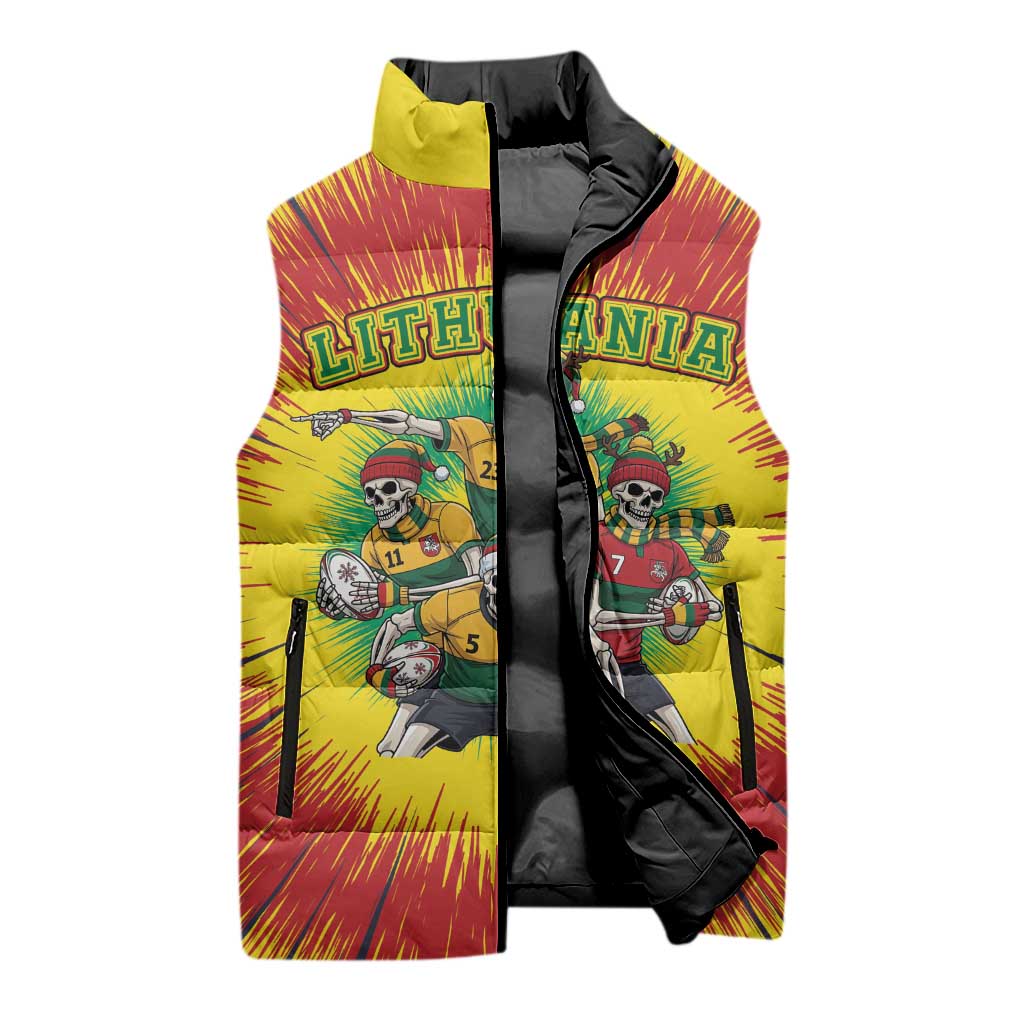 Personalized Lithuania Christmas Sleeveless Puffer Jacket Skeleton Rugby Tie Dye Vintage - Wonder Print Shop