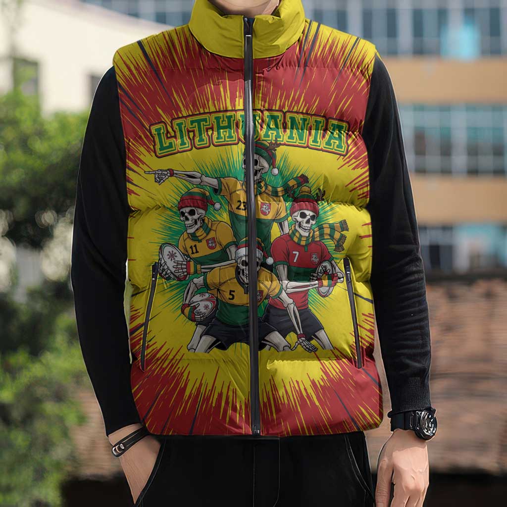 Personalized Lithuania Christmas Sleeveless Puffer Jacket Skeleton Rugby Tie Dye Vintage - Wonder Print Shop
