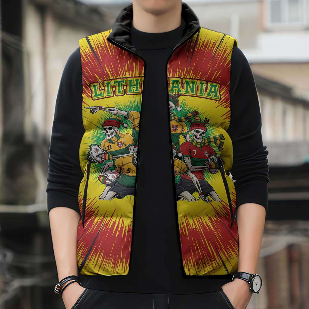 Personalized Lithuania Christmas Sleeveless Puffer Jacket Skeleton Rugby Tie Dye Vintage - Wonder Print Shop