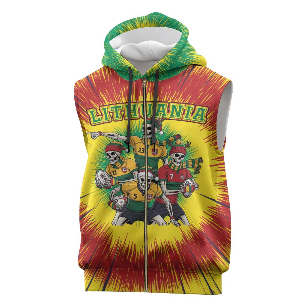 Personalized Lithuania Christmas Sleeveless Zip Hoodie Skeleton Rugby Tie Dye Vintage - Wonder Print Shop