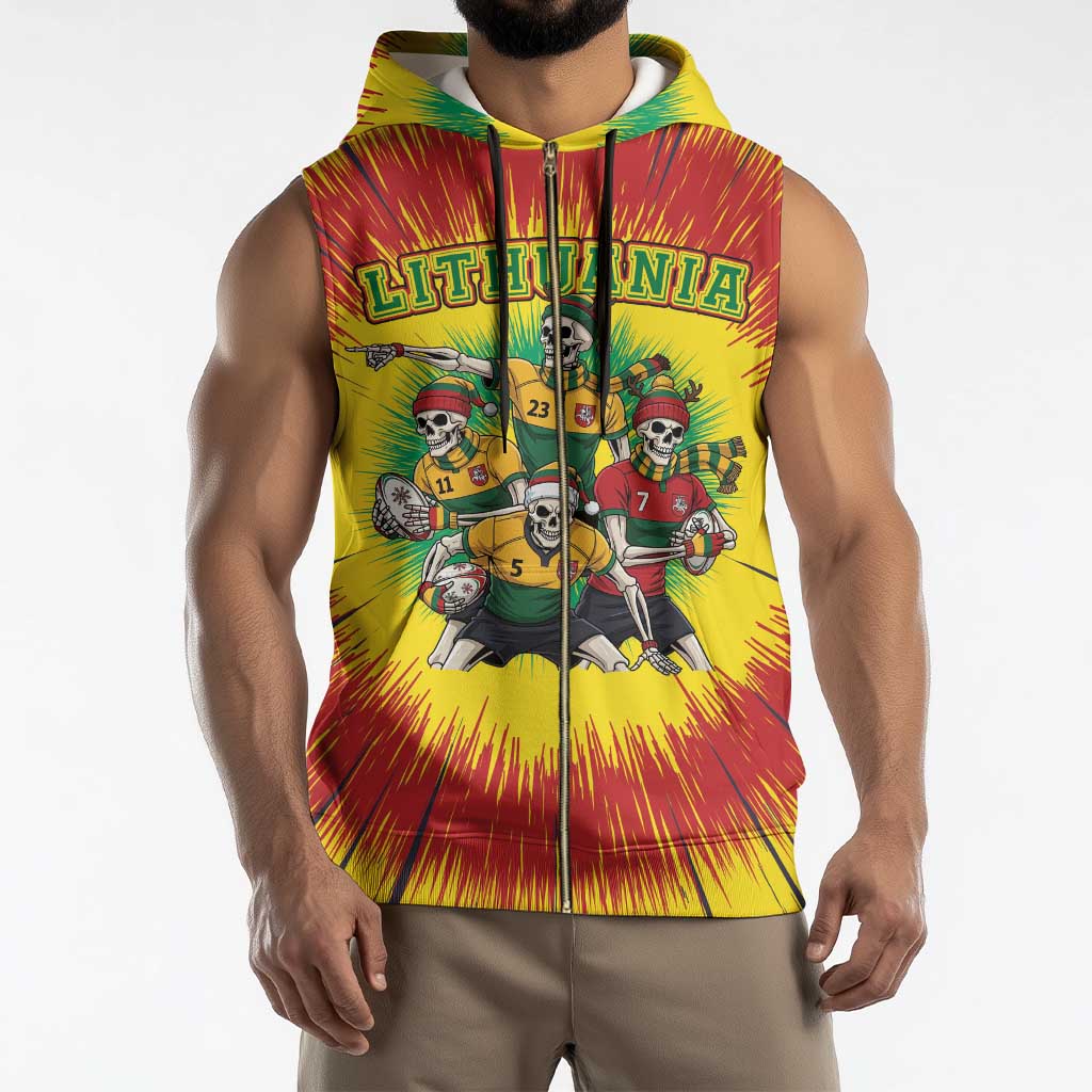 Personalized Lithuania Christmas Sleeveless Zip Hoodie Skeleton Rugby Tie Dye Vintage - Wonder Print Shop