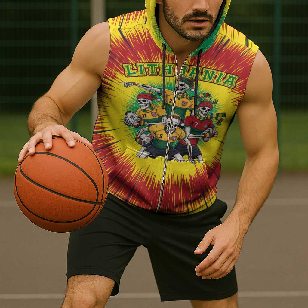 Personalized Lithuania Christmas Sleeveless Zip Hoodie Skeleton Rugby Tie Dye Vintage - Wonder Print Shop